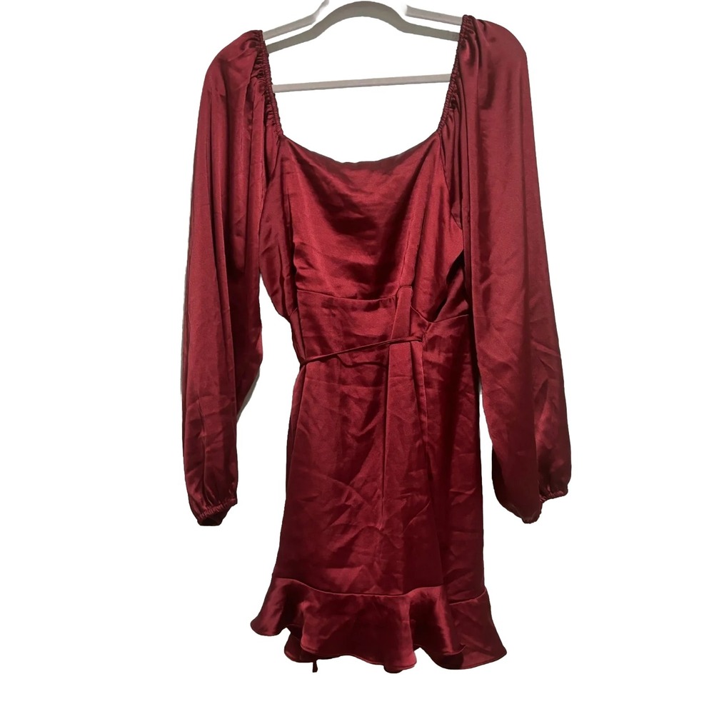 NWT Lulu's Life's Women's Ruffled Wrap Dress A Cabaret Burgundy Satin X-Large - Picture 7 of 11